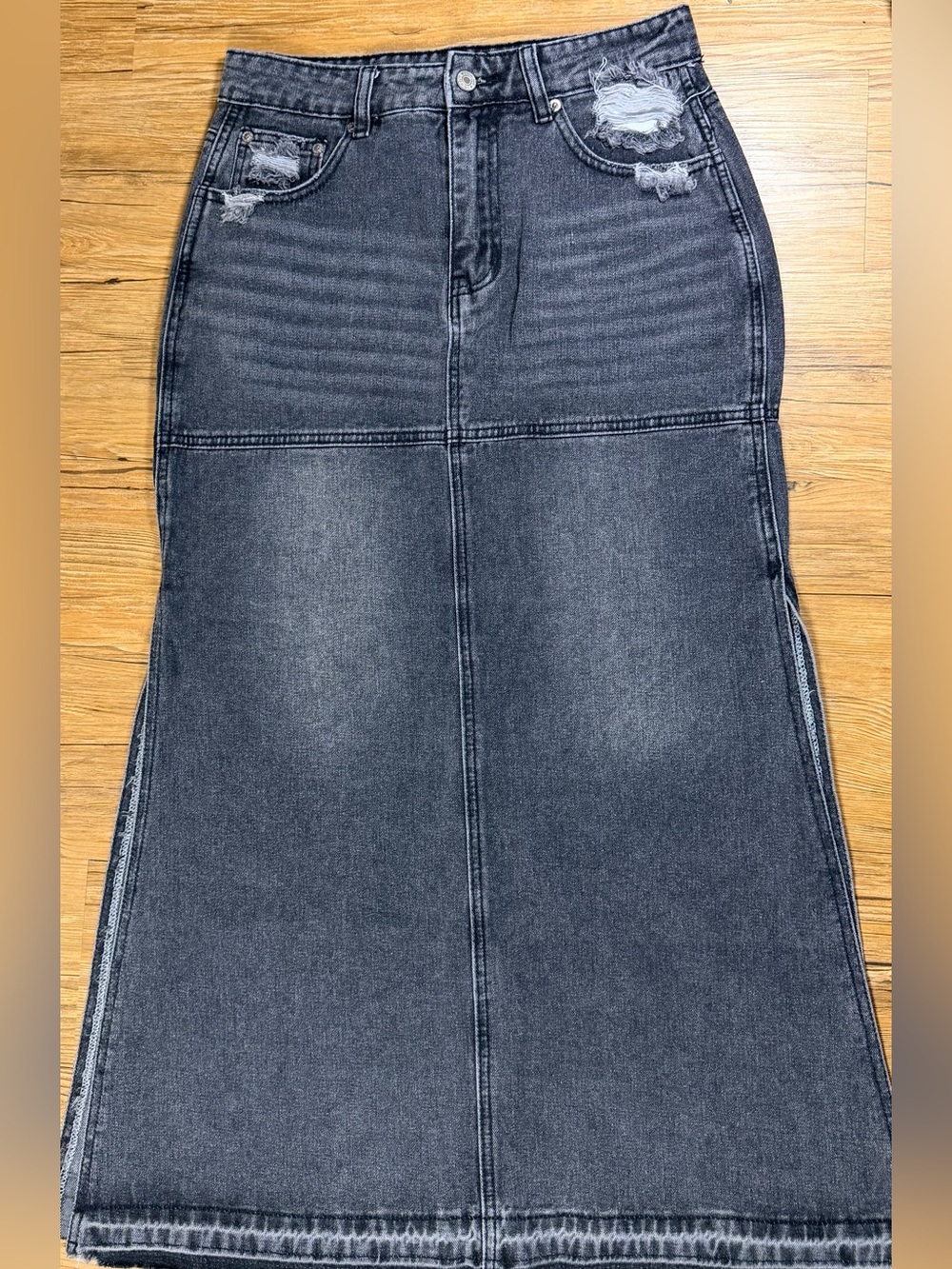 Womens Black Denim Maxi Skirt Distressed Raw Hem Side Slit Y2K Grunge